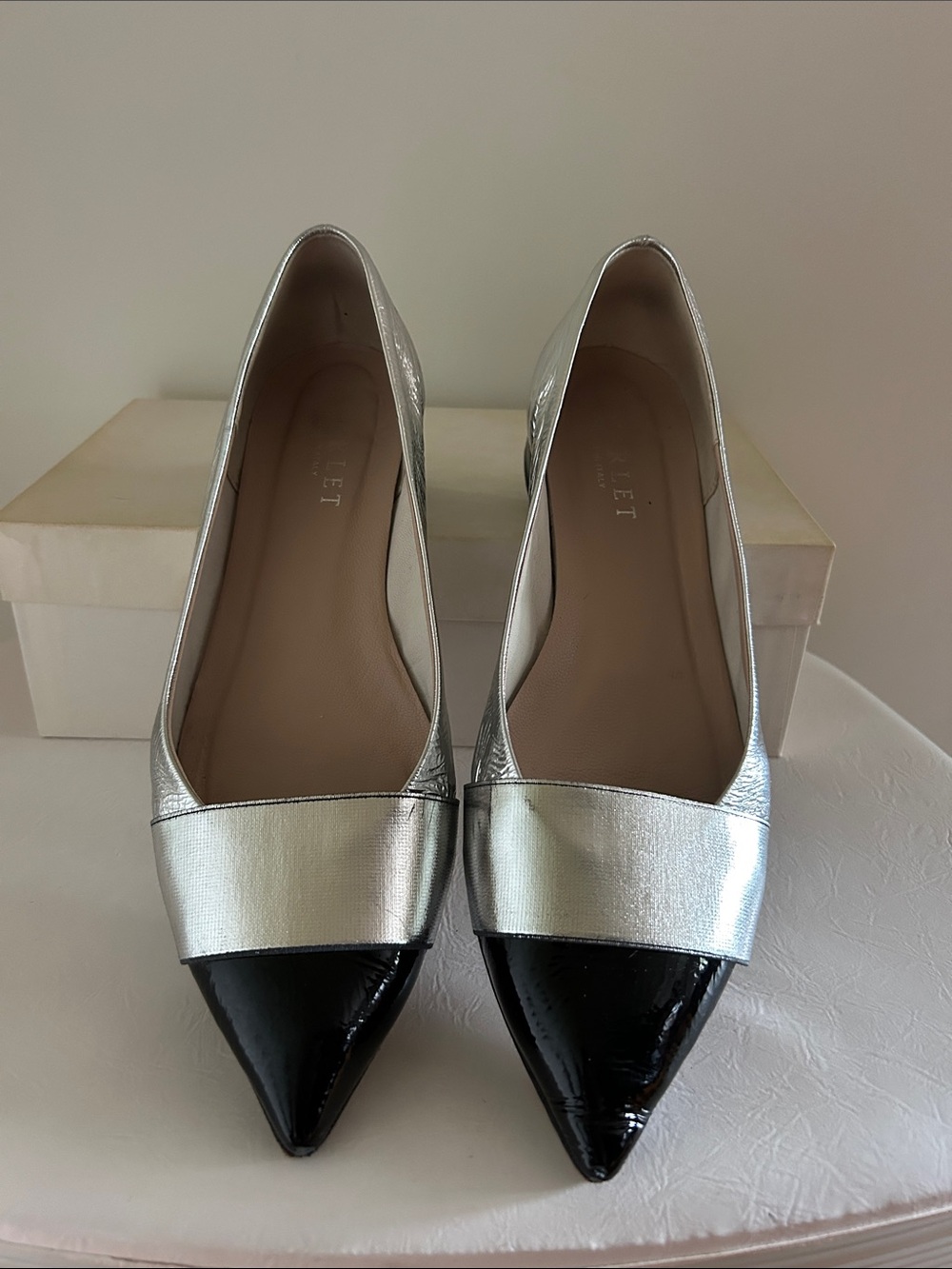 Silver and Black Pointed Toe Women's Flats